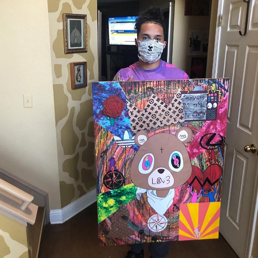 Ye Dropout Bear mixed-media painting — original Kanye West inspired artwork featuring Dropout Bear with LV monogram, Adidas trefoil, roses, Keith Haring figures, 808s heartbreak heart, Through the Wire Lexus reference, and Arizona sunburst on vibrant splatter background