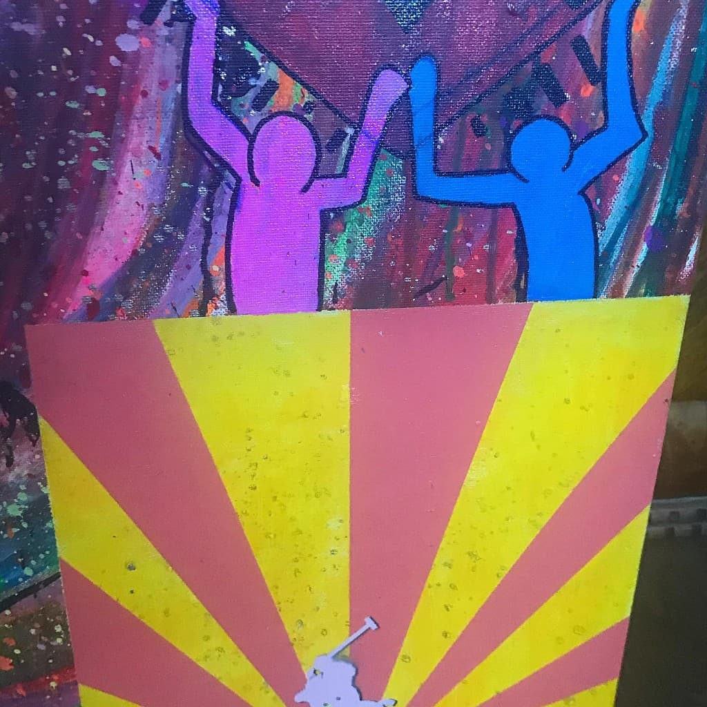 Keith Haring-style dancing figures above Arizona sunburst referencing Kanye West pink polo era